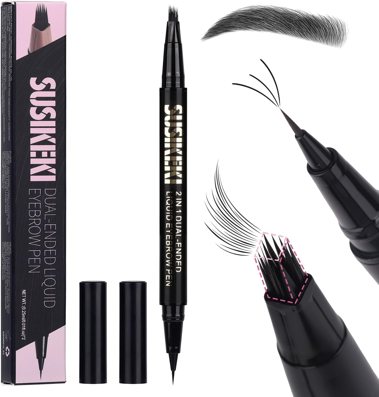 Dual Ended Microblading Eyebrow Pen - 2 in 1 Liquid Eyebrow Pencil with Brow-Fection Angled Brush & Precise Detail Brush-Tip, Shapes & Fills HairLike Looking Brows, Lasts All-Day, Soft Black