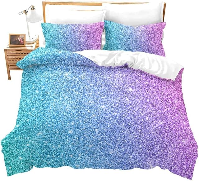 Colorful Glitter Bedding Single Girly Turquoise Teal Blue Pink Pastel Colors Duvet Cover 2 Piece Trendy Bed Spreads Girls Comforter Cover Set with Sparkle Sequin Modern Bedroom Decor Bedding