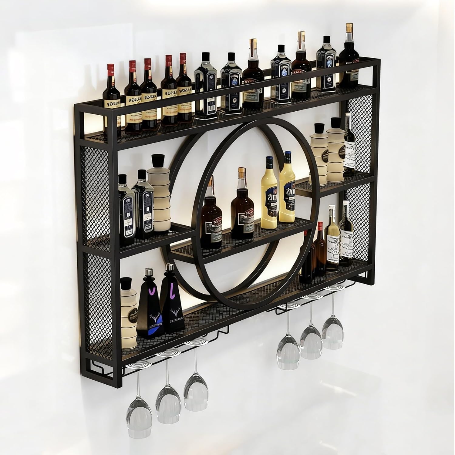 55.1in Bar Wine Rack Wall Mounted with Glass Holder,Floating Wall Shelves,Metal Liquor Shelf with LED Light,Iron Wine Storage Racks,for Home Kitchen Dining Room Living Room
