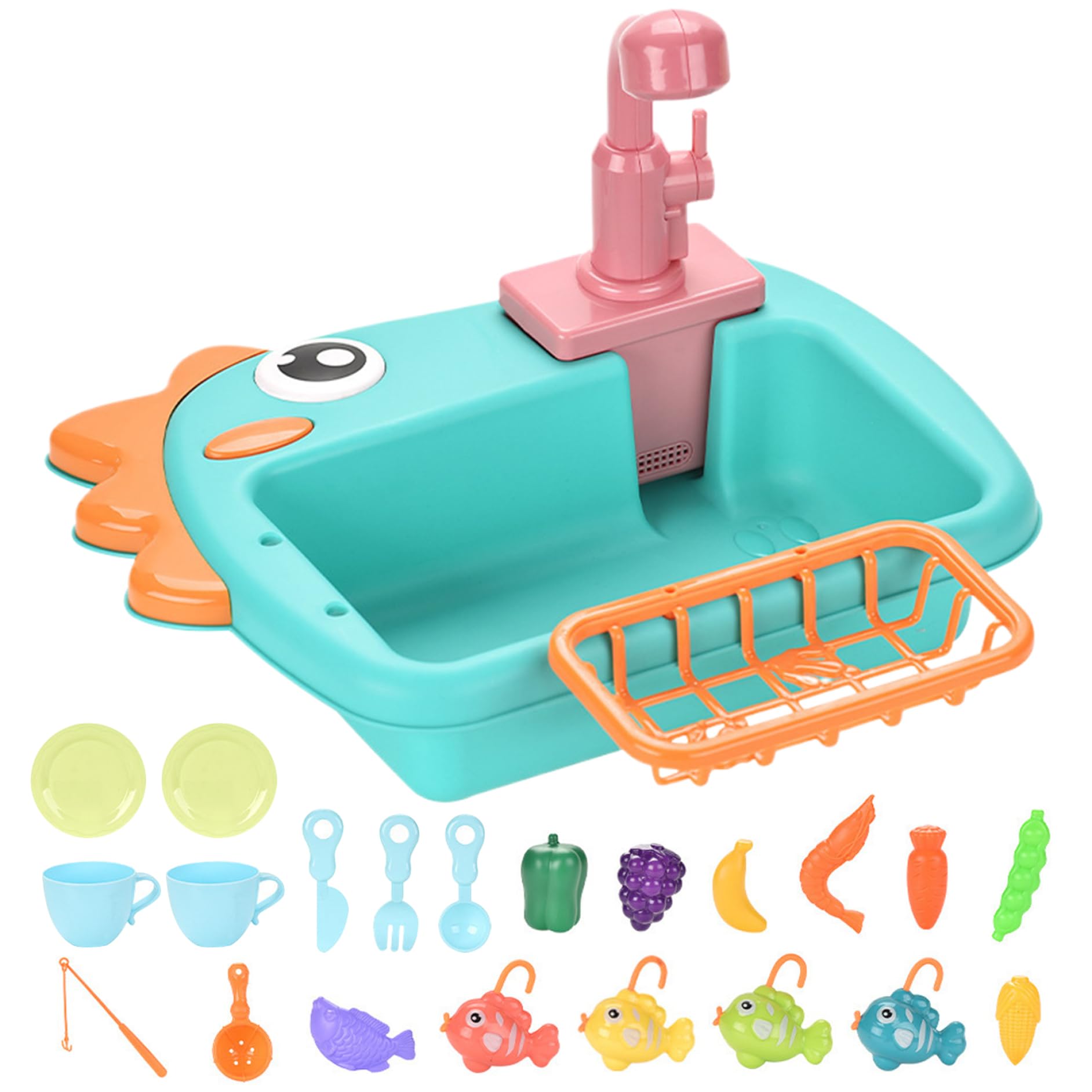 Lavandino da gioco con acqua corrente a circolazione elettrica, set da 21 pezzi, lavandino per bambini 2 in 1, senza BPA, simpatico dinosauro cartone animato educativo, giochi di finzione, giocatt