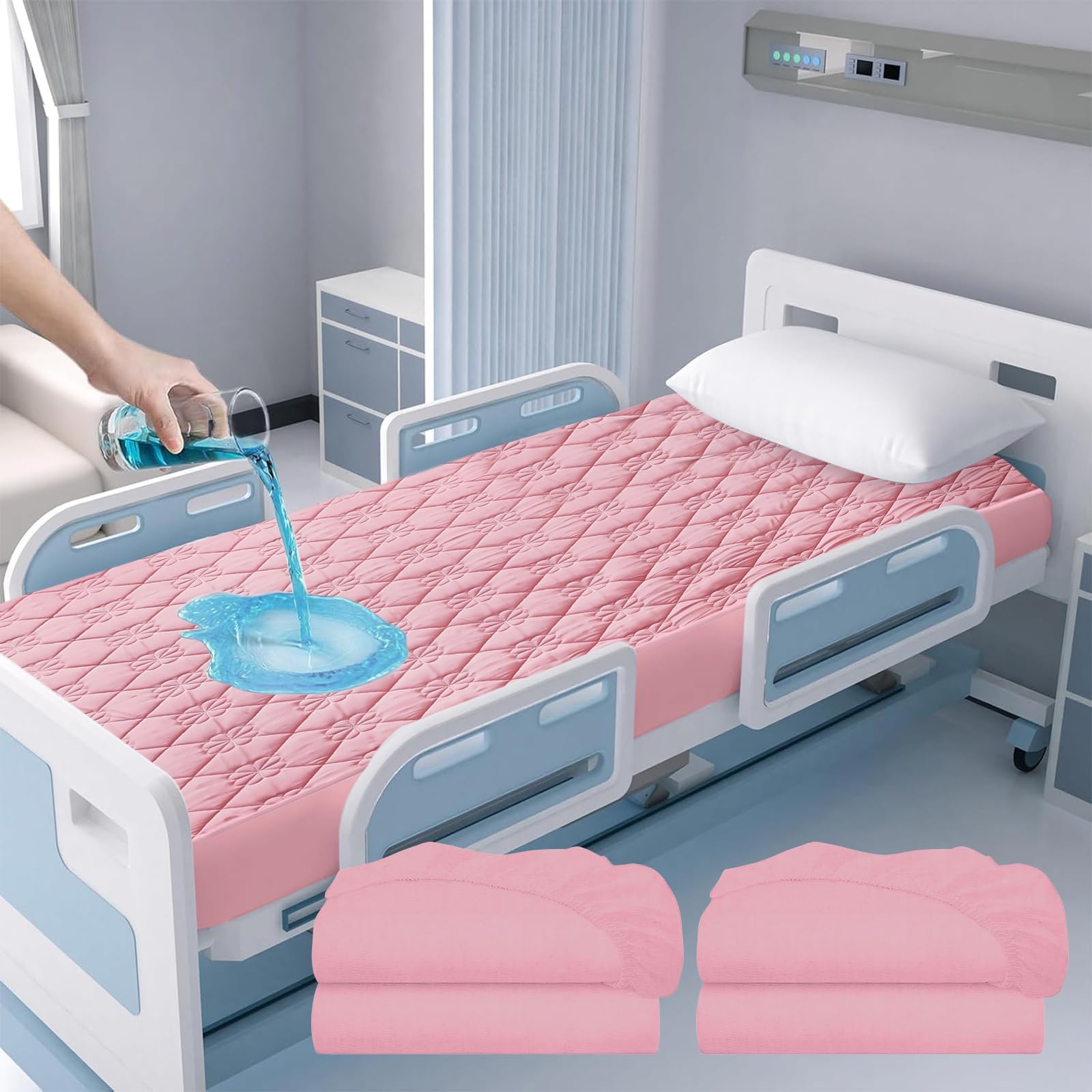 Waterproof Hospital Mattress Cover Protector Bed Sheet 36" x 80" x 9" Hospital Grade Incontinence Protection, Breathable Fabric for Elderly, Adults Machine Washable(2 Pack,Pink)