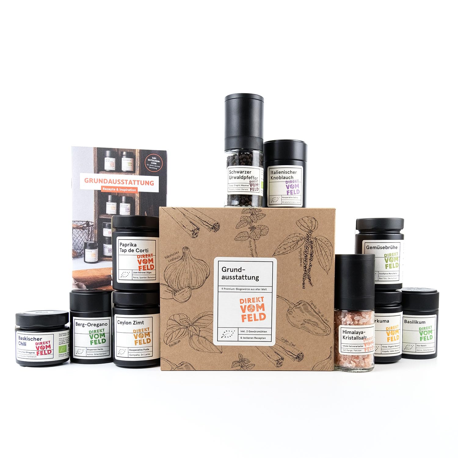 Direkt vom Feld | Gewürz-Grundausstattung | Geschenkset aus 8 Bio Gewürzen mit leckeren Rezepten