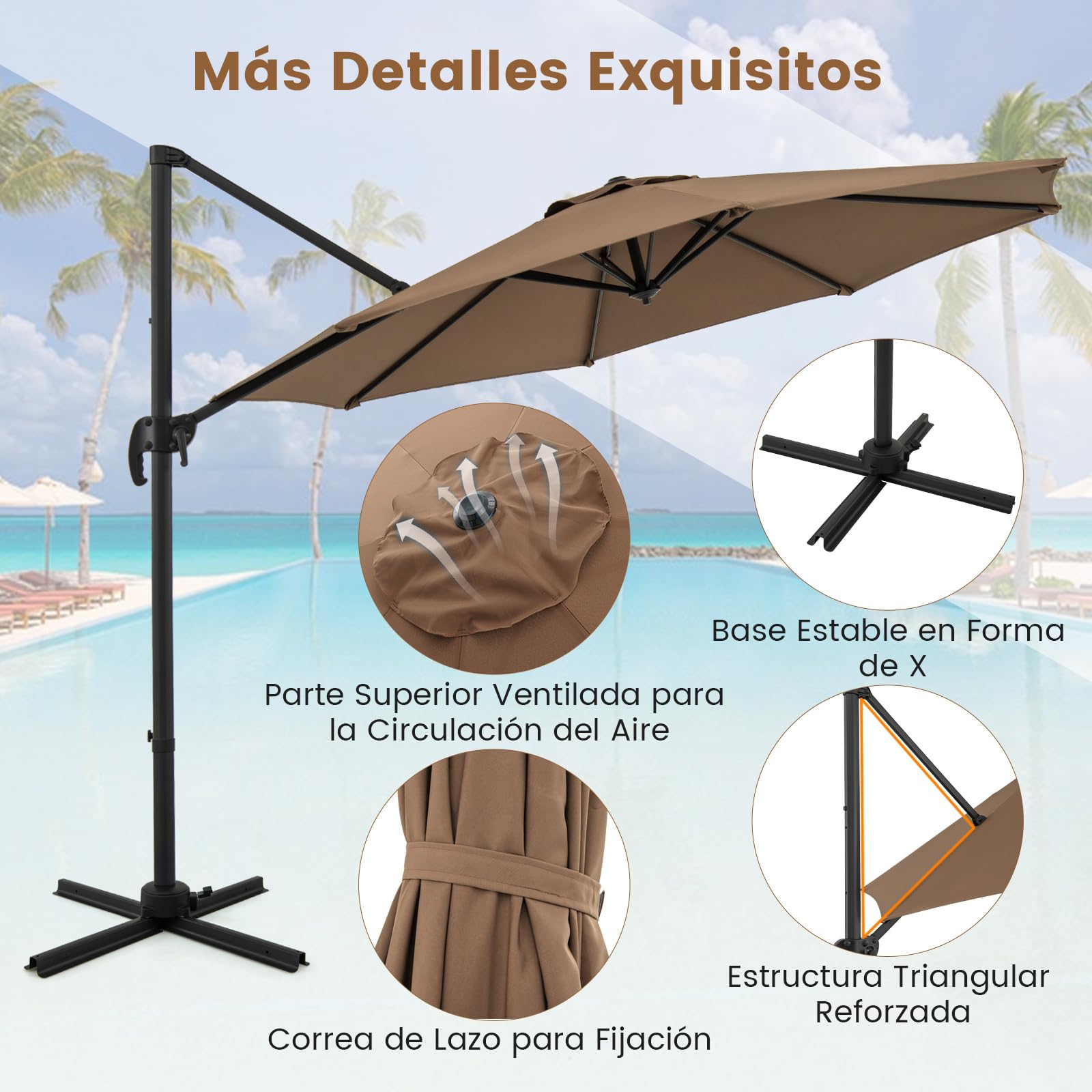 COSTWAY Sombrilla Terraza Exterior 3x3 m, Parasol Jardin Redondo con Rotación de 360°, Base Cruzada, 5 Inclinaciones Ajustables, 8 Varillas, Manivela, Sombrilla Excéntrica para Jardín Patio