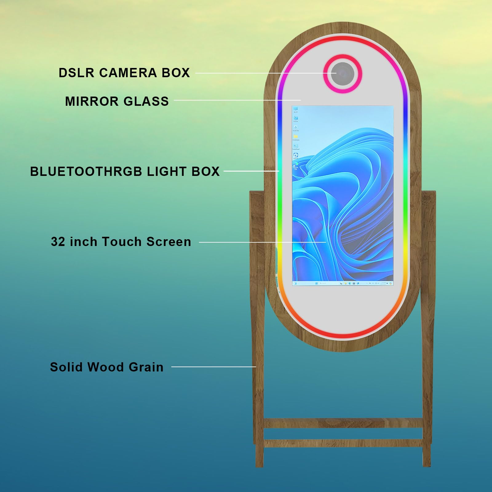 Appareil photo miroir magique de 152,4 cm avec écran tactile de 81,3 cm, support pour selfie, cadre lumineux RVB et étui de vol pour événement, location, fête de mariage (machine + mini imprimante)