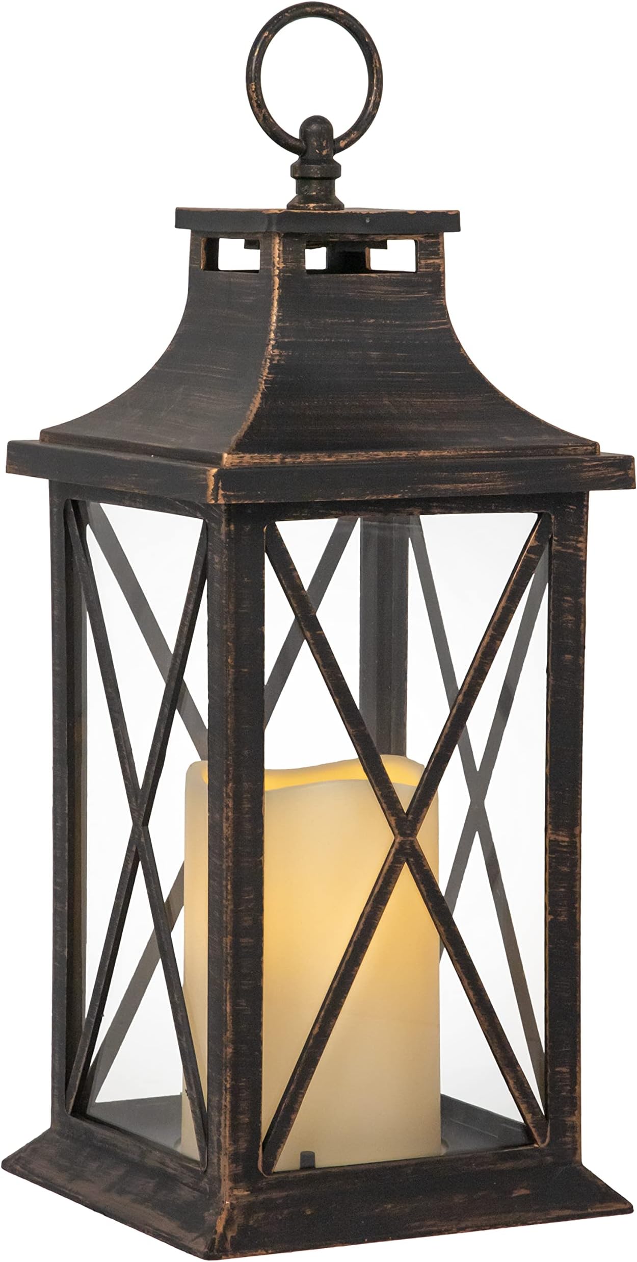 YAKii 14" Decorative Candle Lantern LED Flameless Candle Timer, Plastic LED Candle & Holder, Indoor & Outdoor Hanging Lights,Christmas Day Decoration (Antique Copper Brushed)