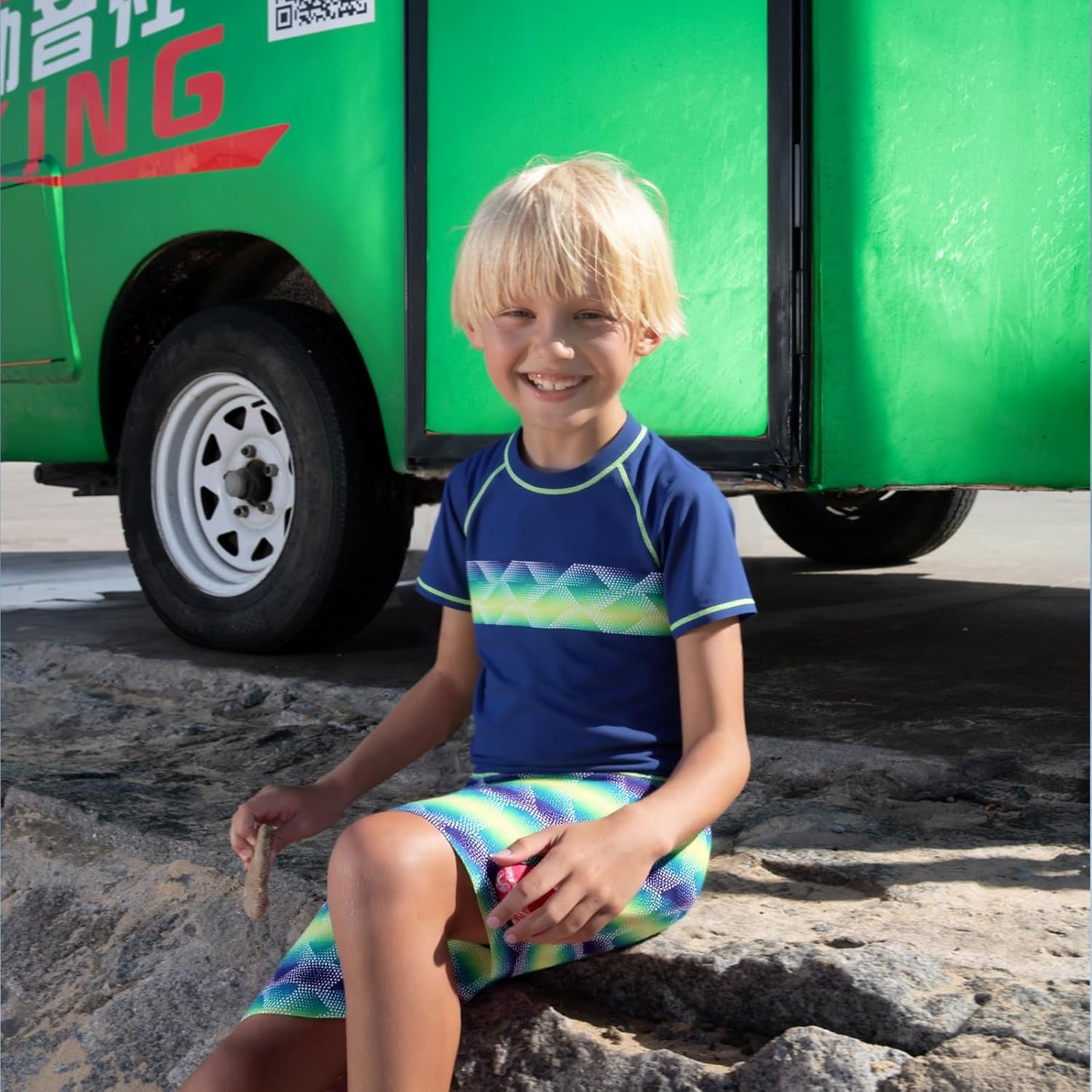 Moon Tree Boys Rash Guard Set for Boys 2 Piece Swimsuits Short Sleeve Bathing Suits with Trunks Quick Dry Swim Shirts - Image 2