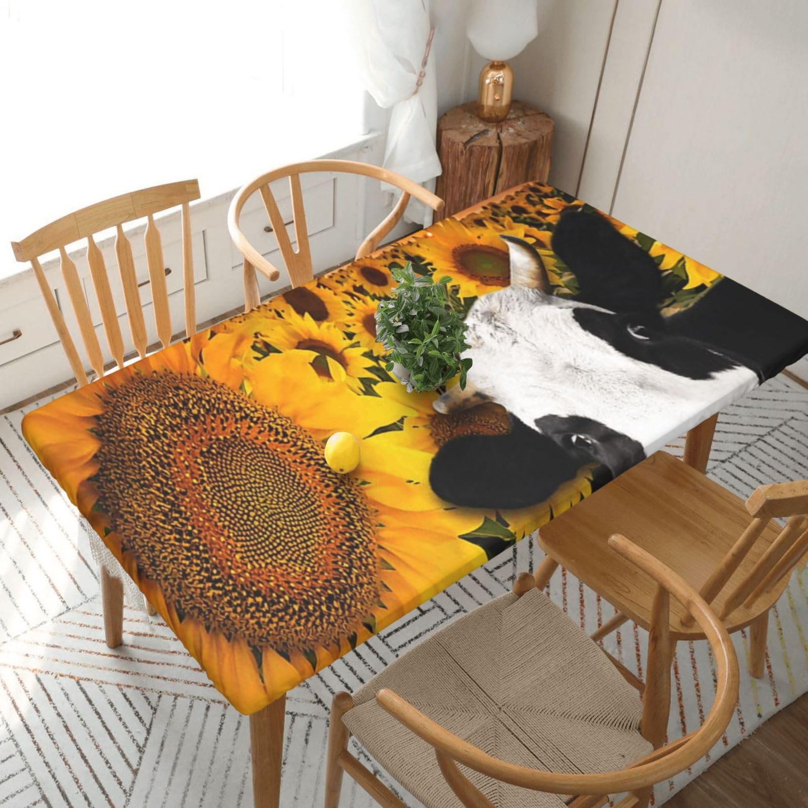 DCEHGEW Elastic Fitted Rectangle Tablecloth for 5ft Tables, Sunflower and Cow Printed Oilproof & Washable Fabric Picnic Table Cloth Table Covers