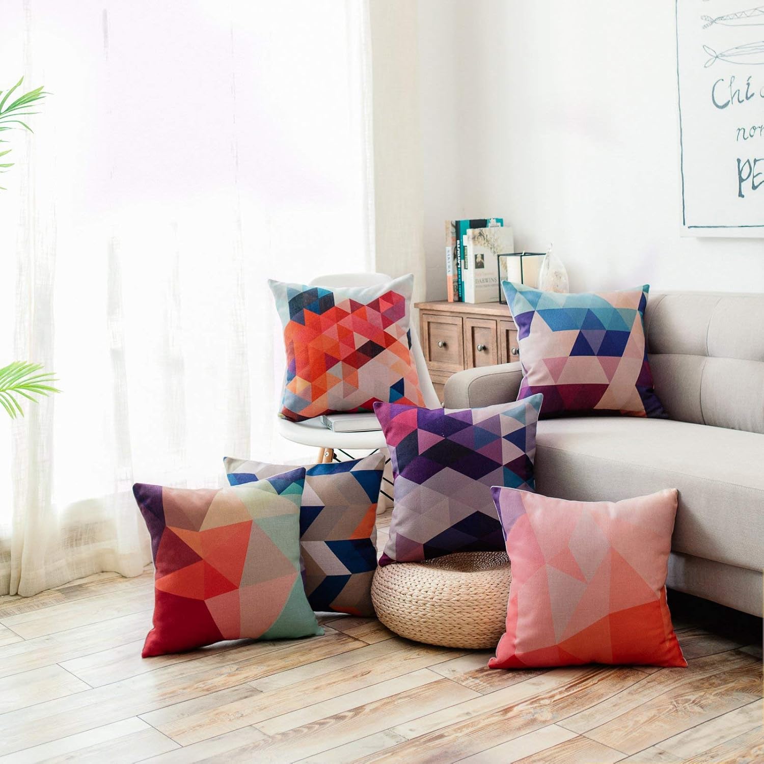 YeeJu Set of 2 Geometric Decorative Throw Pillow Covers Square Cotton Linen Cushion Covers Outdoor Sofa Home Pillow Covers 16x16 Inch