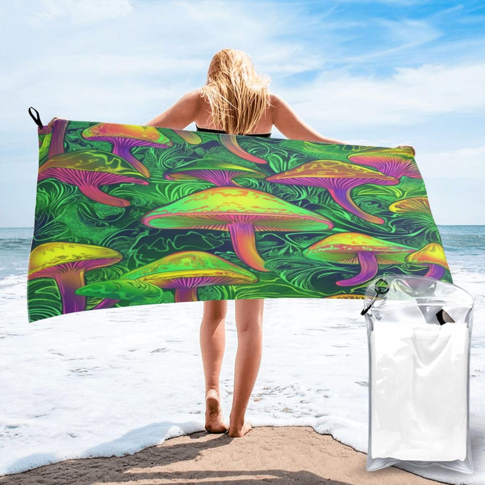 Anceky Vibrant Psychedelic Mushroom Pattern Digital Art Quick Dry Microfiber Travel Towel with Carry Case and Carabiner 31.5"X63"