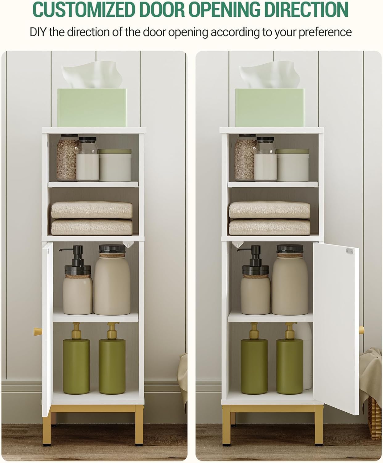 Hzuaneri Bathroom Storage Cabinet, Corner Floor Cabinet with Shelves, Customized Door Opening Direction, Bathroom Organizer with Adjustable Shelf for Kitchen, Living, Toilet Paper Cabinet, White