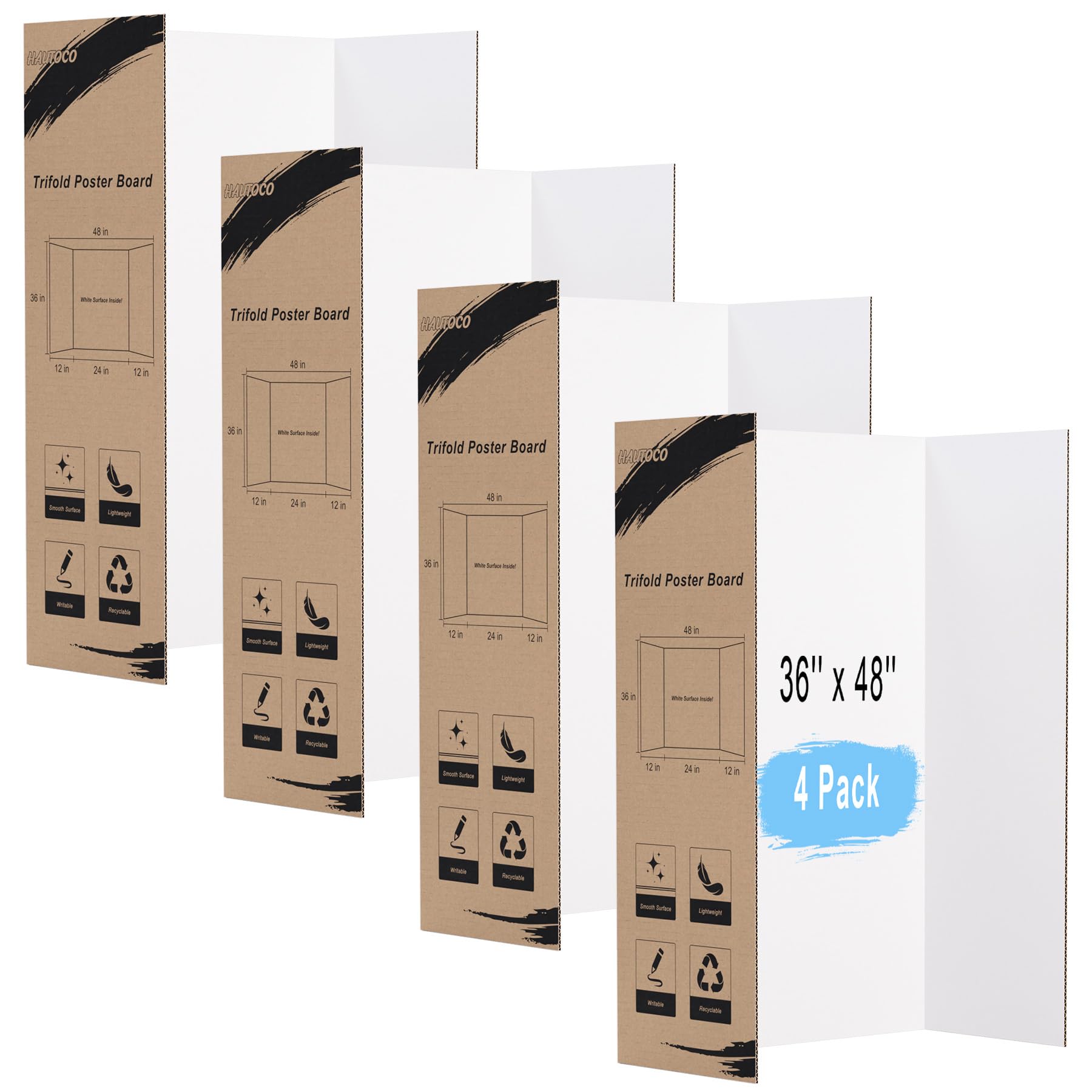 HAUTOCO 36'' x 48'' Trifold Poster Board 4 Pack Large Tri Fold Project Boards White Corrugated Presentation Cardboard for Science Fairs, School