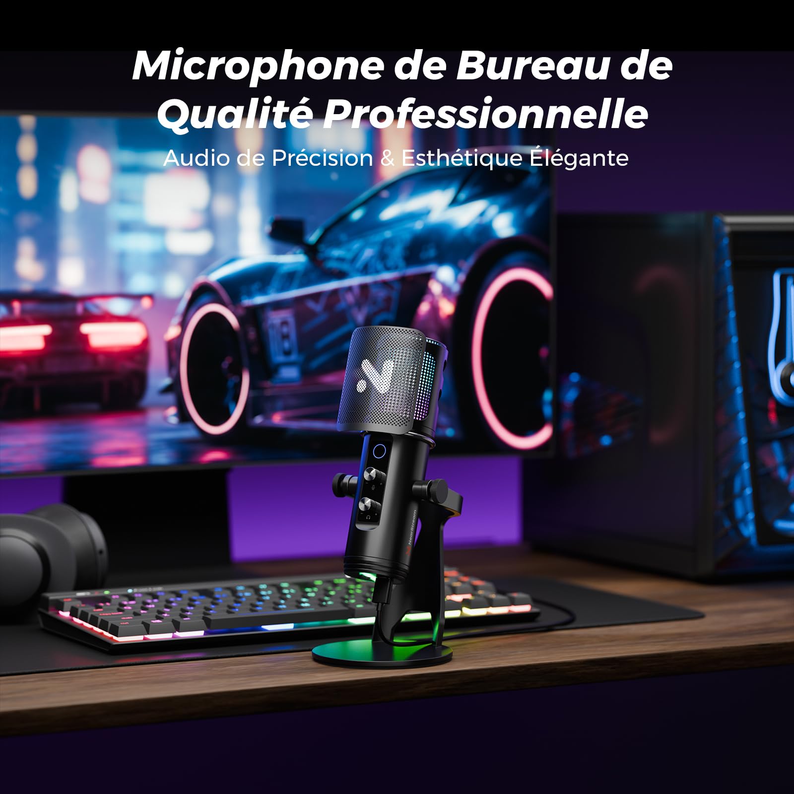 NearStream Microphone Jeu RVB USB à Condensateur Professionnel pour PC PS4 PS5, Micro Gaming avec Suppression du Bruit & LED RVB& Surveillance Audio en Temps Réel &Sourdine& Filtre Anti-Pop, AM35U