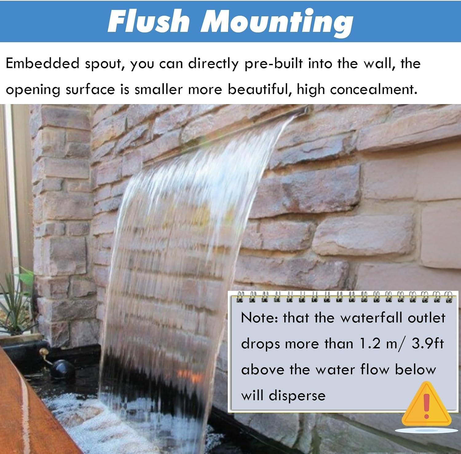 Cascata a sfioro in Acciaio Inox per Piscine e laghetti, Fontana a Incasso con troppopieno e stabilizzatore di Flusso. (42in(107cm))
