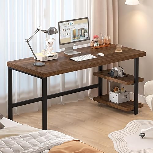 Miniatura 32 de FOLUBAN Escritorio de oficina en casa, escritorio moderno para computadora con estante de almacenamiento, mesa de estudio de madera para juegos para