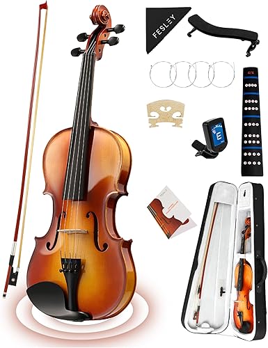 Fesley Juego Completo de Violín: Kit de Violín Pulido 4/4 para Principiantes, Violín Acústico con Estuche Rígido, Kit de Inicio de Madera Maciza