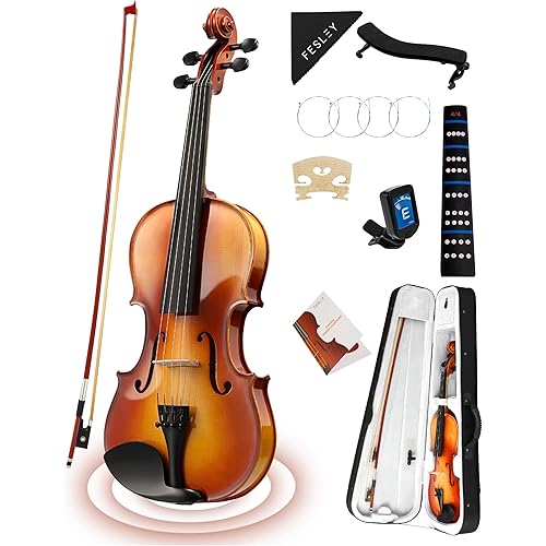 Fesley Violin Fiddle Full Set: 4/4 Polished Violin Kit for Beginners, Acoustic Violin with Hard Case, Solidwood Hand Made Starter Kit with Bow, Shoulder Rest, Tuner, Extra Strings