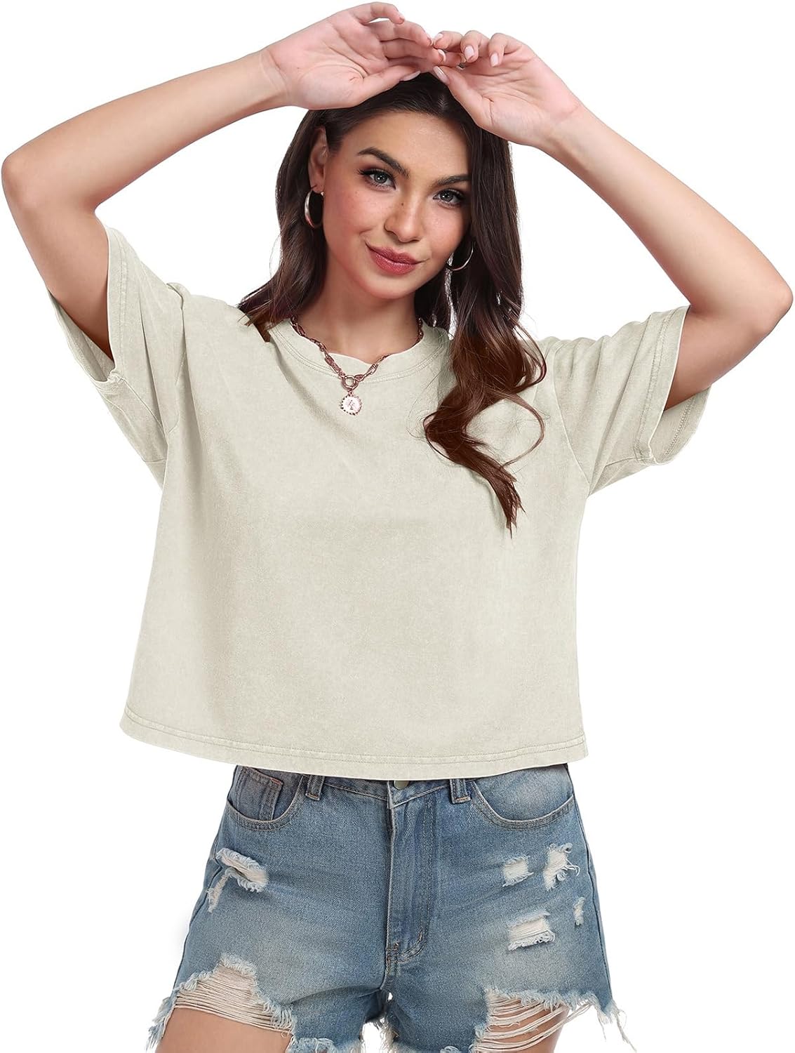 Womens Crop Tops Acid Wash Short Sleeve T-Shirts Casual Round Neck Basic Tees Baggy Summer Shirts - Image 2