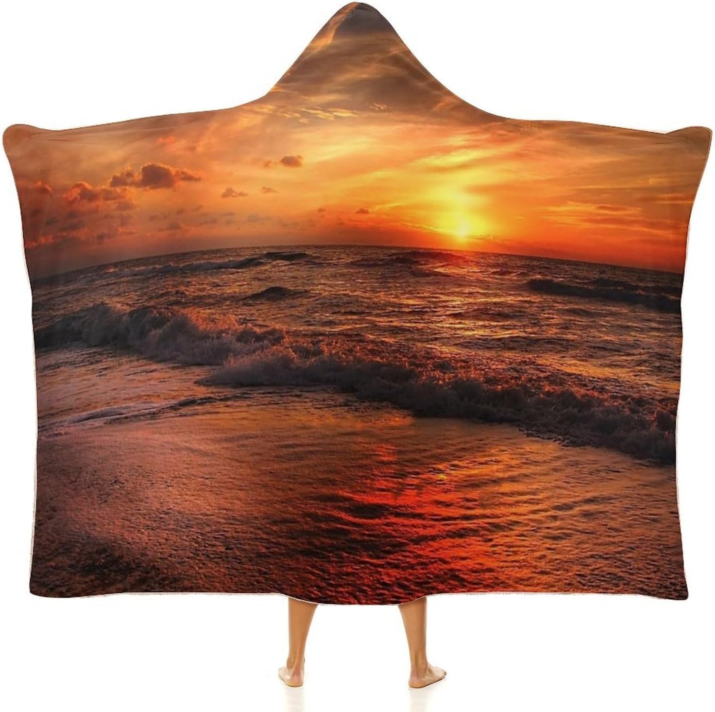 Beach And Sunset Fashion Wearable Blanket Hoodie Fleece Throw Cloak Robe Unisex