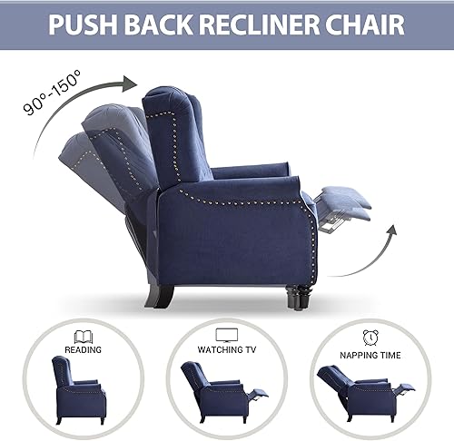 Miniatura 3 de Bonzy Home Sillón reclinable orejero de empuje hacia atrás, sillón tapizado de respaldo alto con patas de madera maciza, decoración con remaches,