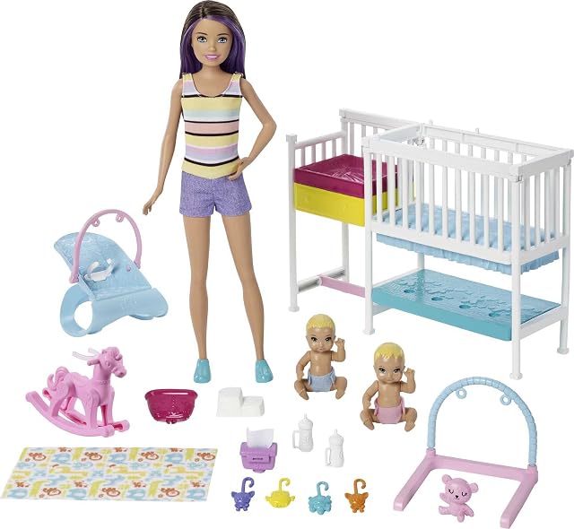 Barbie Nursery Playset with Skipper Babysitters Inc. Doll, 2 Baby Dolls, Crib and 10+ Pieces of Working Baby Gear Toys, Gift for 3 to 7 Years , GFL38