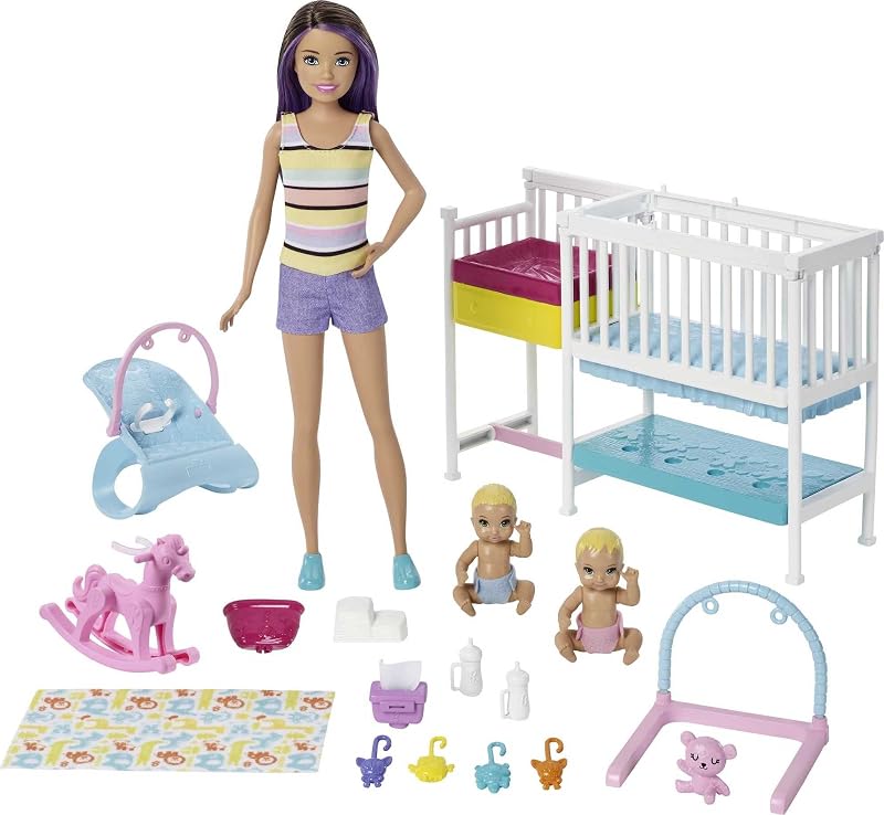 Barbie Skipper Babysitters Inc Muñecas y Juego, Guardería Nap 'n Nurture, Muñeca Skipper, Muñeca Bebé, Cuna y Más de 10 Accesorios, Portero de Juguetes de Trabajo