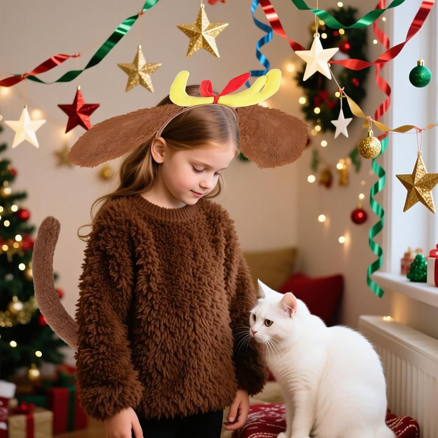 4 Pcs Christmas Deer Antler Dog Costume - Reindeer Dog Ears Headband Tail Red Collar Bowtie for Halloween Party Accessories for Max, B image 2