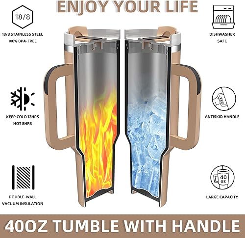 Miniatura 3 de MURRICON Vaso de 40 onzas con asa y pajilla, vaso reutilizable al vacío con tapa, taza de viaje aislada de acero inoxidable, para café y bebidas