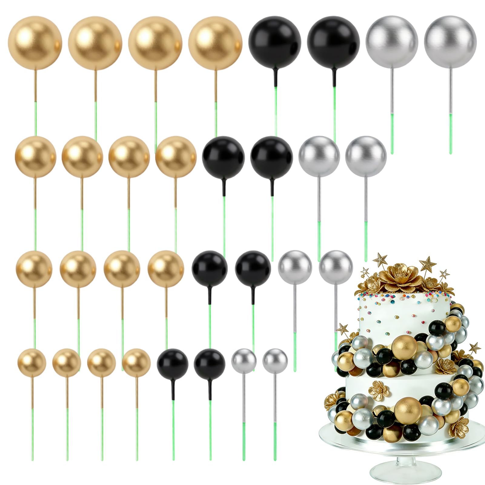 32 Pcs Cake Balls Decoration, Black and Gold Ball Cake Toppers with 4 Size, Pearl Round Shaped Cake Topper Balls for Birthday, Party, Wedding Decoration Supplies - Black & Gold & Silver(2/2.5/3/4 cm)