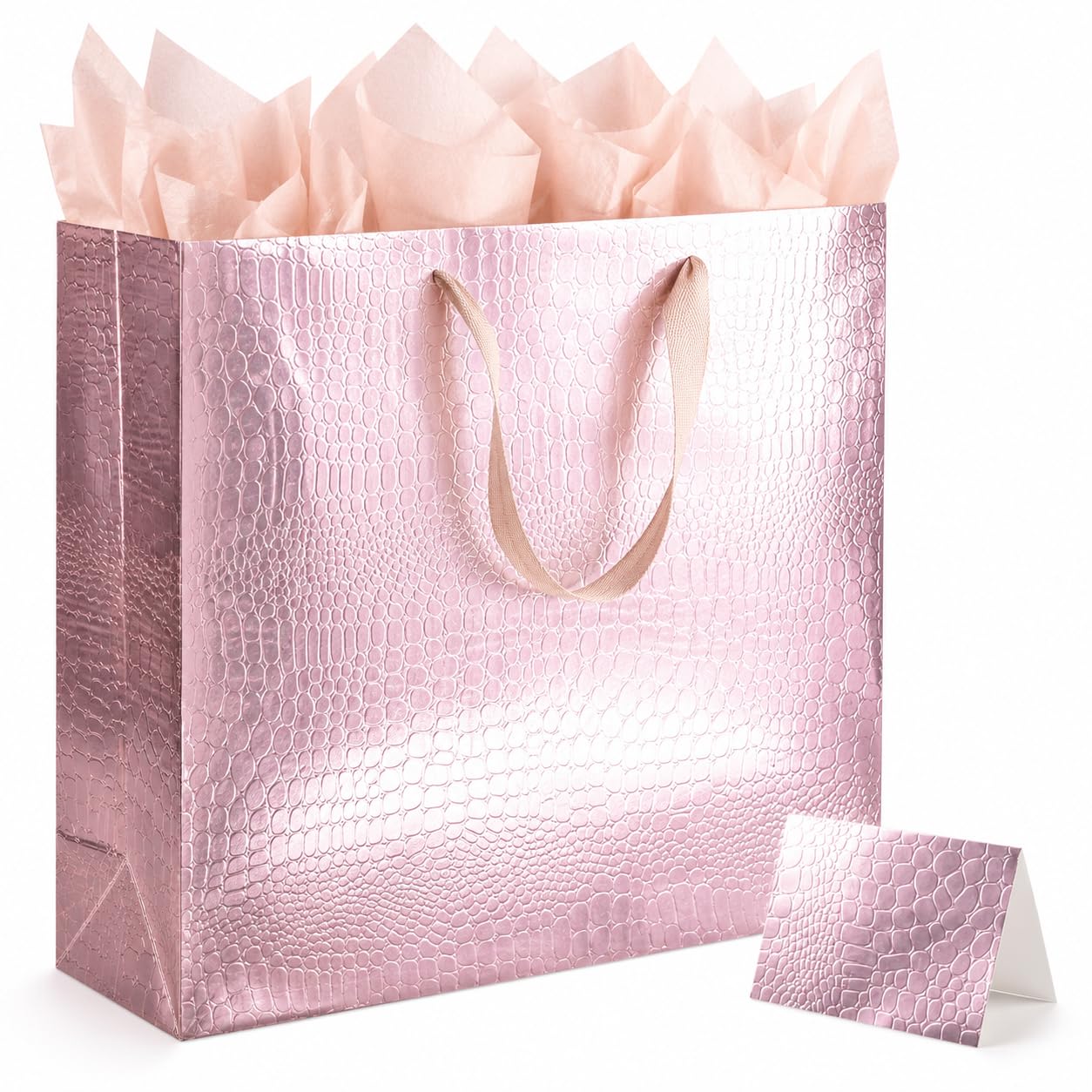 Lyforpyton Bardzo duże torebki prezentowe w kolorze różowego złota z bibułką i kartą, 43 x 32 x 13 cm, wzór aligatora, papierowa torba na urodziny, ślub, rocznice