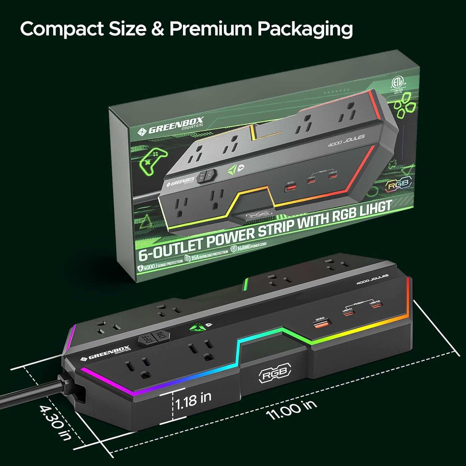 4000J Surge Protector Power Strip with USB Ports, 6 Outlet Power Strip with RGB Lights and PD 20W Fast Charging, Wide-Spaced Outlet Perfect for e-Sports, Game PC, Home and Offices - Image 6