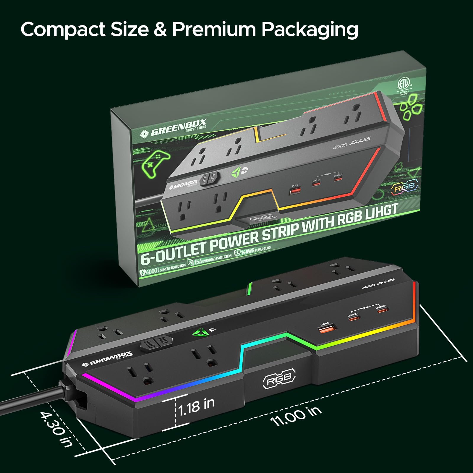 4000J Tira de alimentación con protección contra sobretensiones con puertos USB, 6 tomas de corriente con luces RGB y PD de carga rápida de 20 W, salida espaciada amplia perfecta para deportes