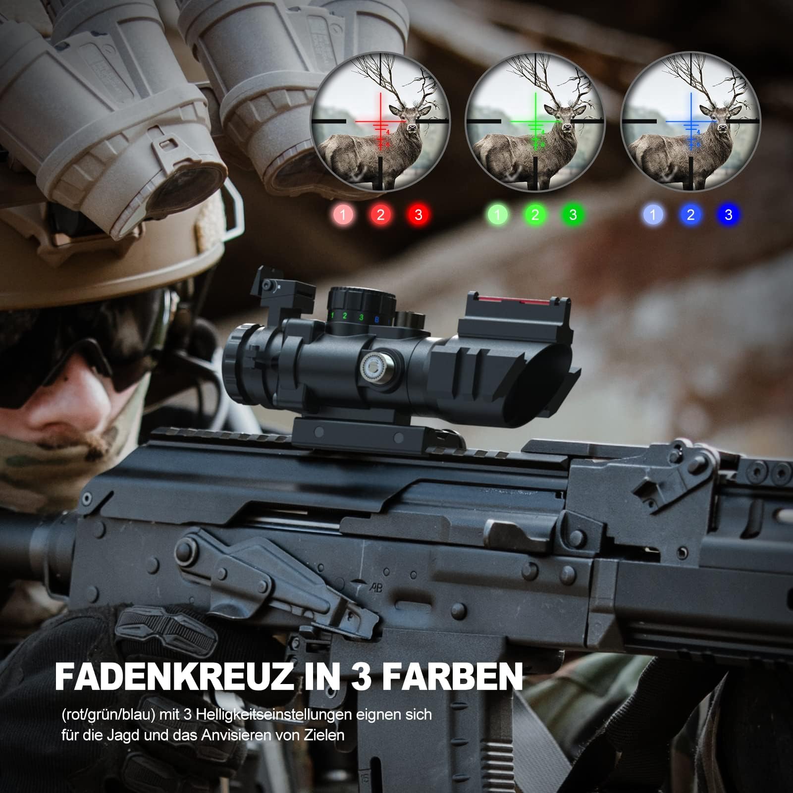 Feyachi Zielfernrohr 4x32mm Leuchtpunktvisier Rot-Grün-Blau Illuminated Airsoft Red Dot Visier mit Top Fiberoptik für Jagd, Softair und Armbrust mit 20mm/22mm Montage