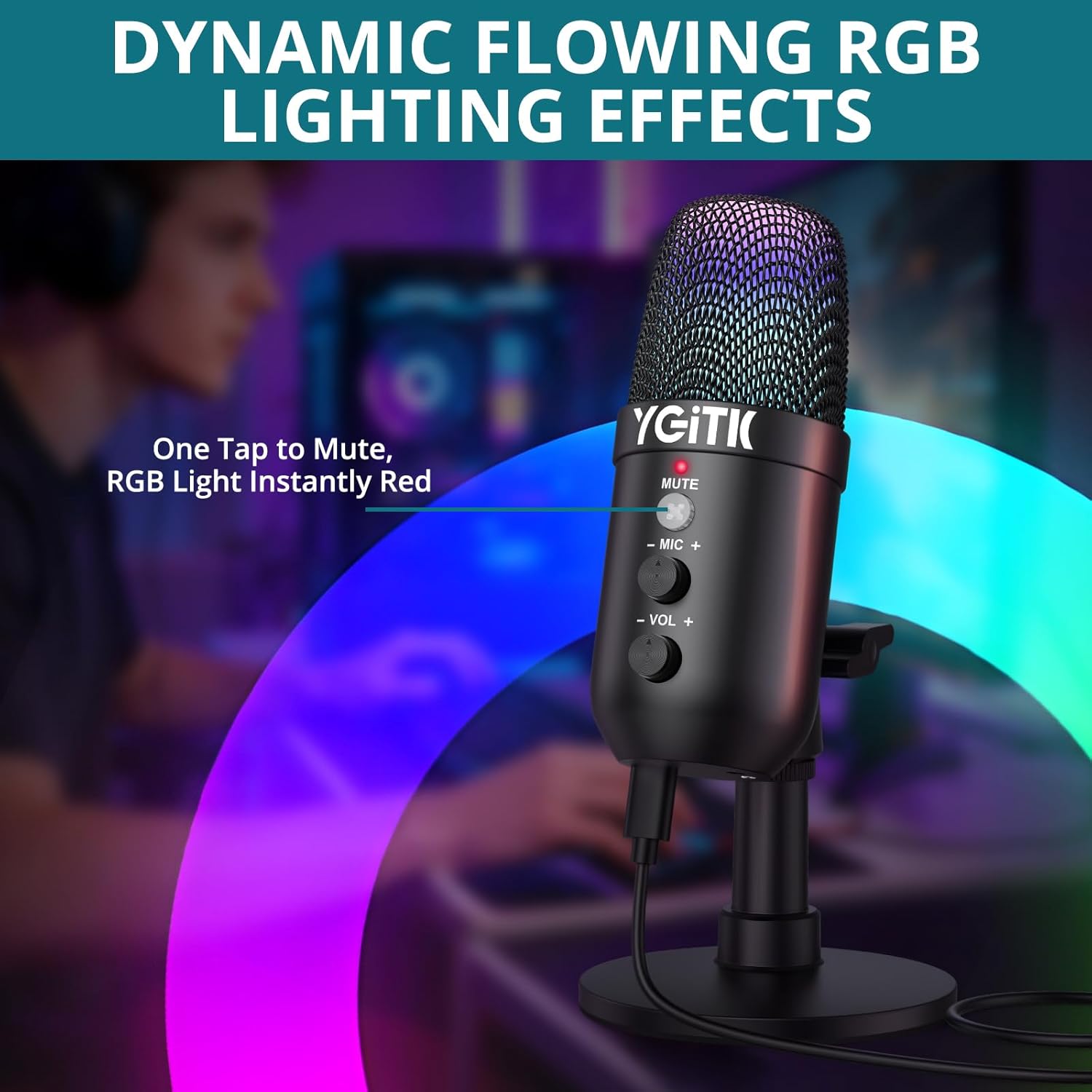 USB Gaming Microphone with RGB Lights Stand for PC, PS4, PS5 — Condenser Microphone Mute Headphones Jack, Noise Cancellation, Gain Control USB/XLR | Gaming, Podcasting, Streaming
