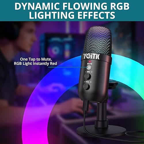 Miniatura 4 de Micrófono de condensador USB con soporte de luces RGB para PC, PS4, PS5  Micrófono dinámico para juegos, cancelación de ruido, control de ganancia