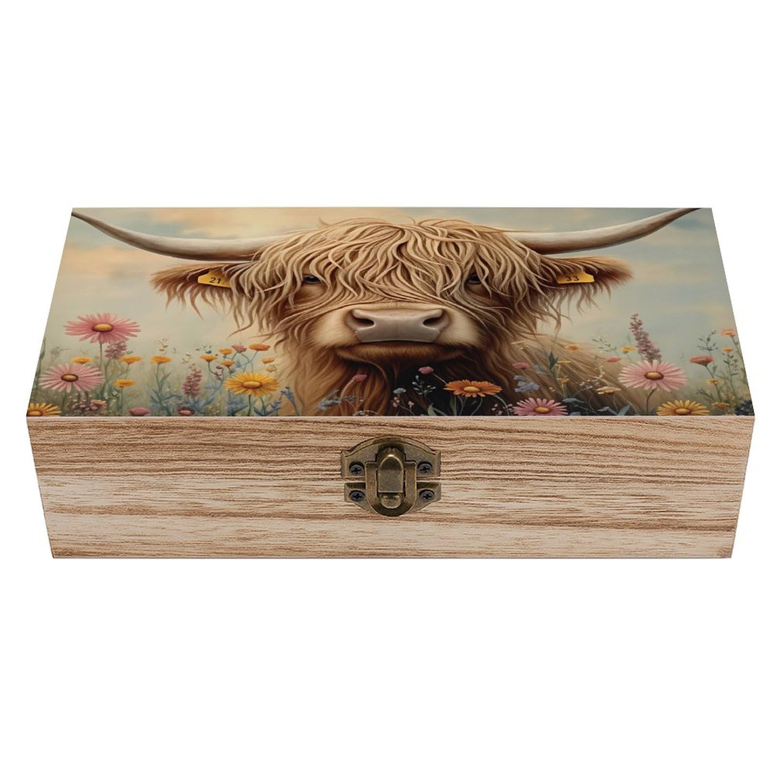 HLBSDM Highland Cow Vintage Wooden Keepsake Box with Hinged Lid And Locking Clasp, Decorative Storage Box for Jewelry, Trinkets And Small Accessories, Organizer for Home Or Wedding