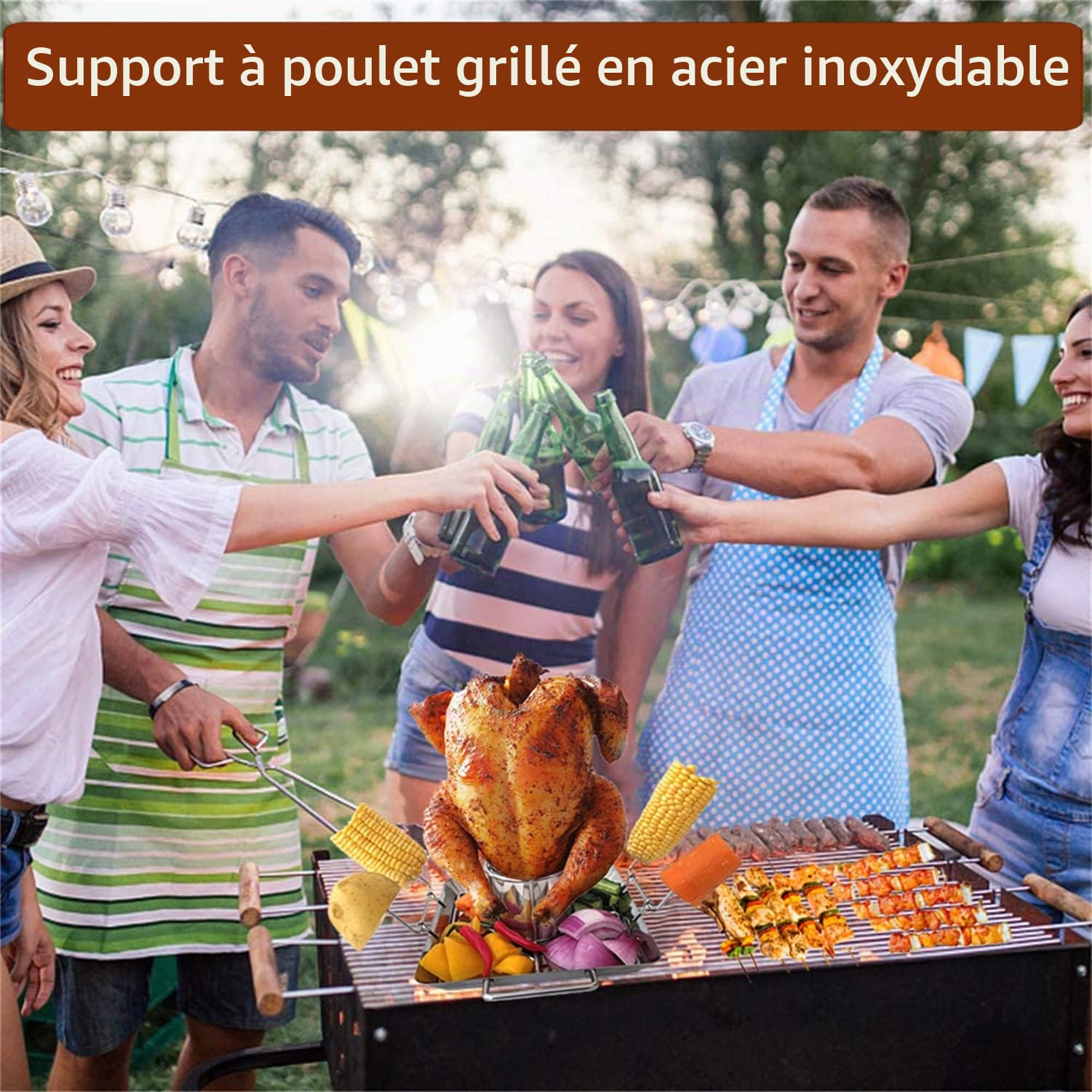Support de Poulet pour canette de bière, Support Grille RôTissoire Poulet Acier Inoxydable Vertical Chicken Gril, avec bac d'égouttage adapté au Camping Barbecue en Plein air
