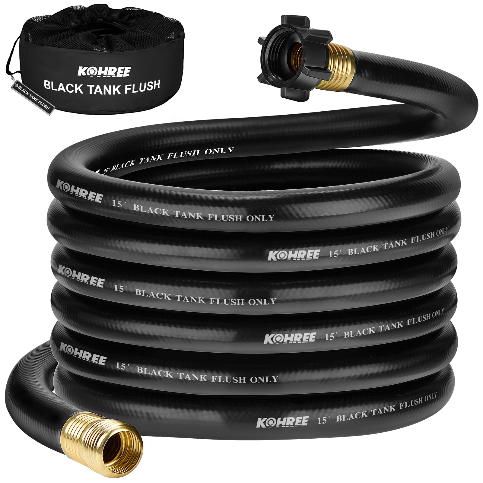 Kohree 15FT RV Black Water Hose, Camper Sewer Hose for RV Camper | 5/8" Diameter, No Kink Design, Clean-Out Grey Water Tank, Black Tank Flush Kit with Storage Bag