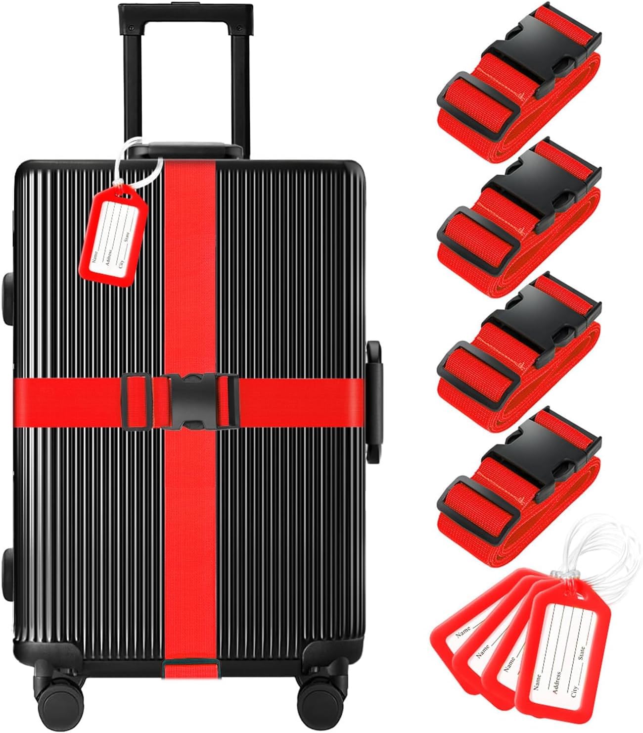 MosaiRudo 8 Stück Gepäckgurte und Anhänger Set (4 Gurte, 4 Anhänger), Gepäckgurte für Koffer, TSA-geprüft, Koffergürtel, Gepäckanhänger