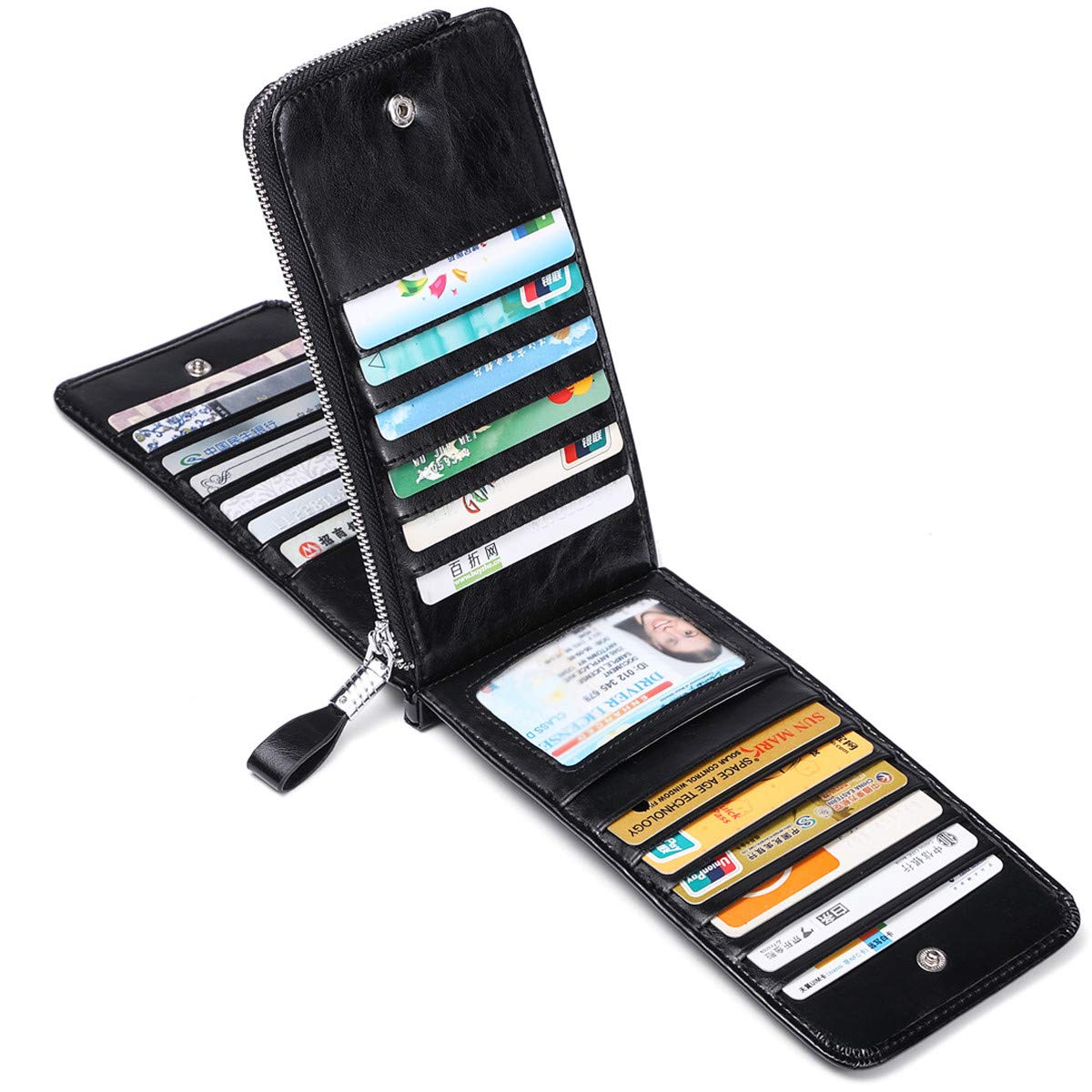 Cartera de piel auténtica para mujer, con cremallera larga con cremallera RFID, Cuero Cera Negro, Cartera Rfid 2