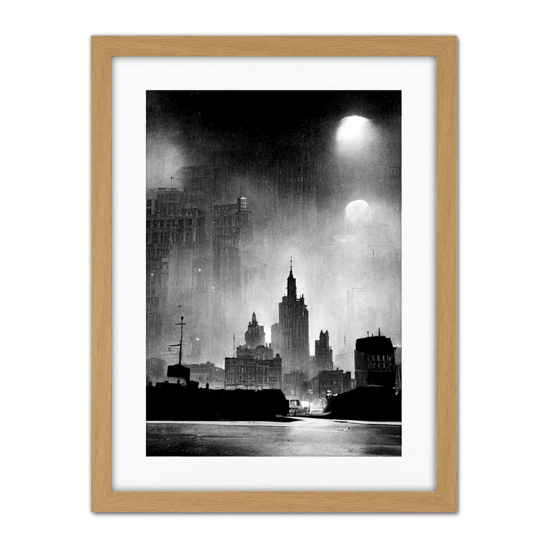 Doppelganger33 LTD 1950s Black And White New York Rainy Mist Cityscape Artwork Framed Wall Art Print 18X24 Inch