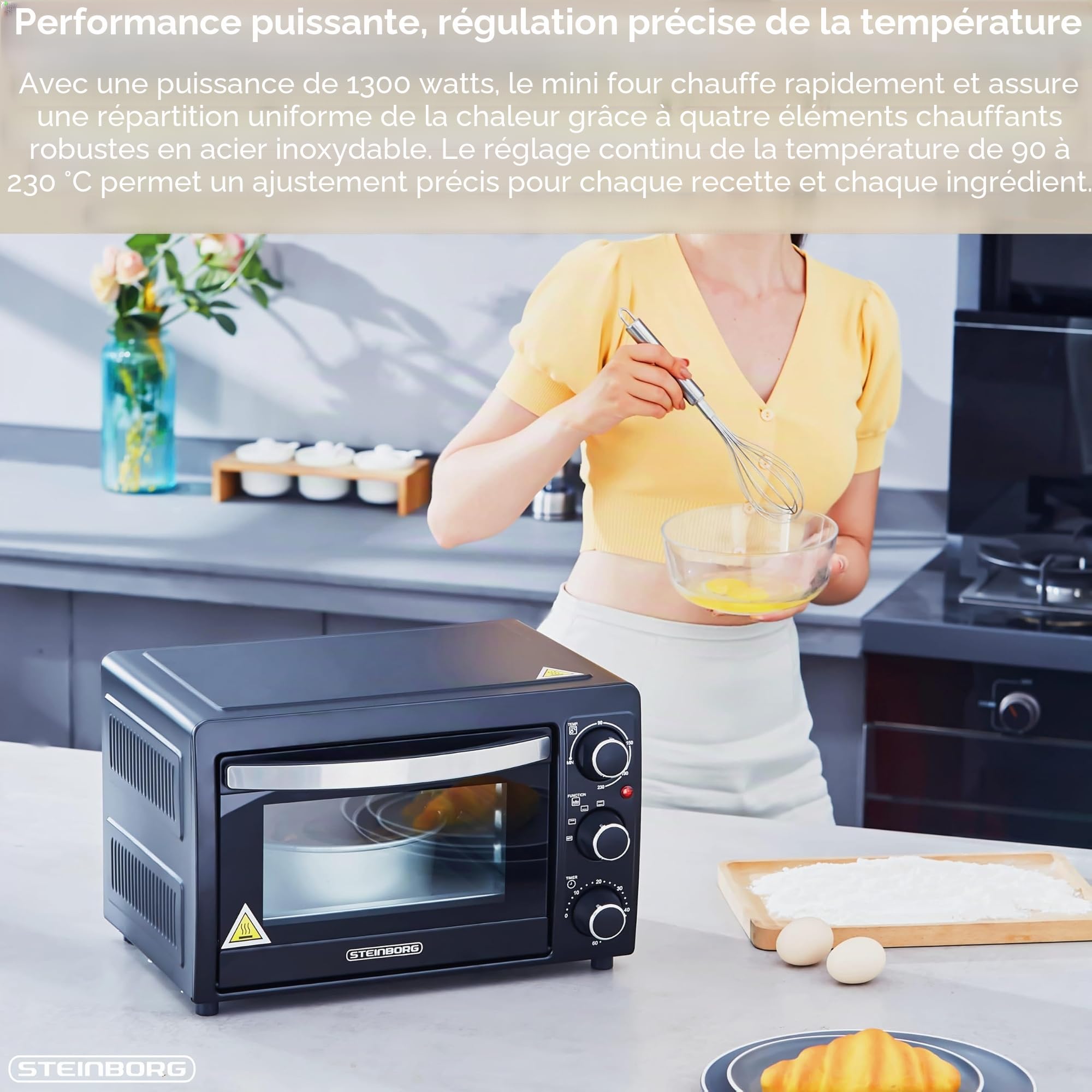 STEInBORG Mini four à pizza, 15 l, 3 en 1, mini four, plaque ramasse-miettes, chaleur de voûte et de sole, économe en énergie, minuterie 60 min