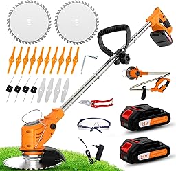 OUTIGO Cordless Electric Brushcutter, Battery Trimmer, Comes with 2 x 21V Batteries and Charger, Cordless Edge Cutter with Battery with 4 Types of Blades, Use a Lawn Domes