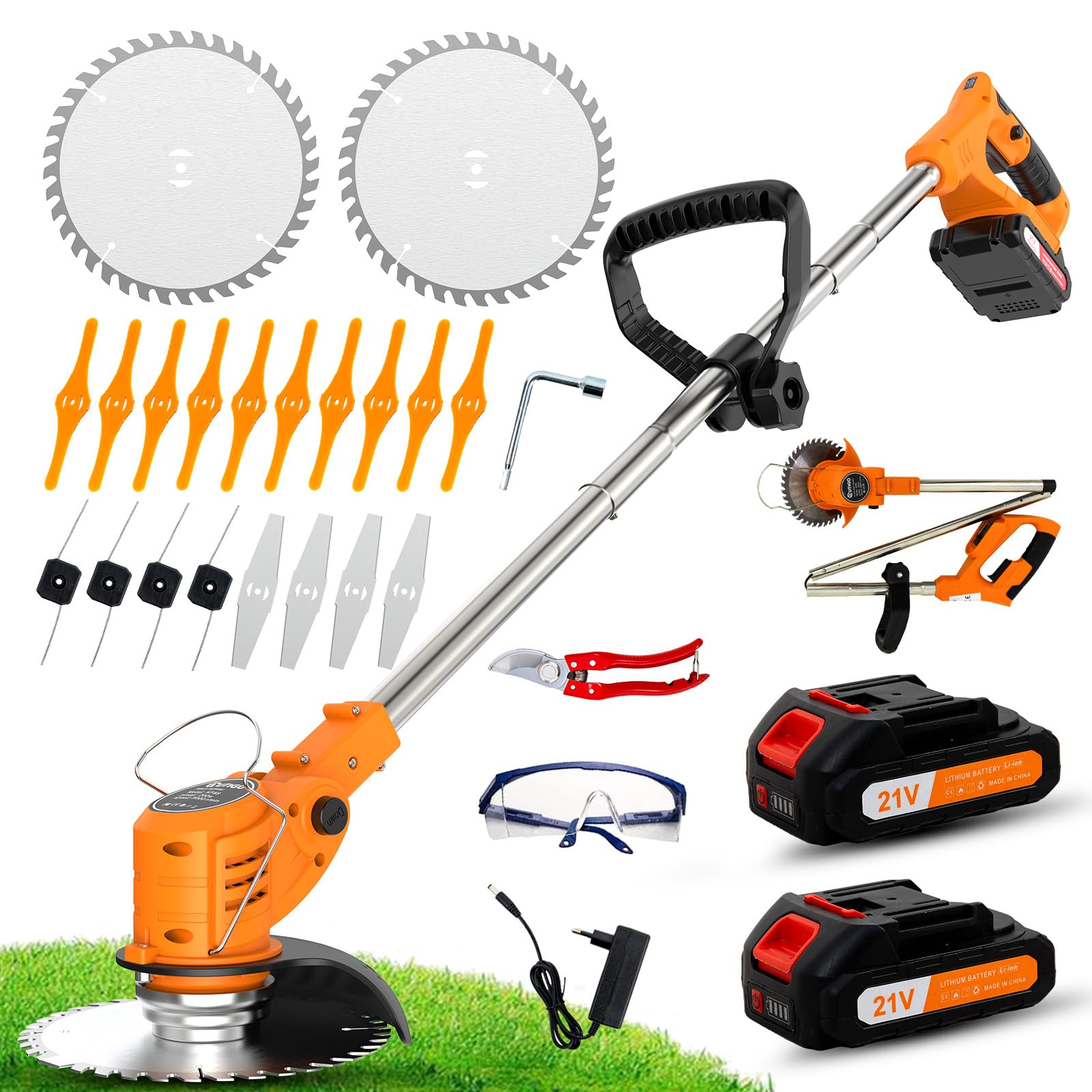 OUTIGO Cordless Electric Brushcutter, Battery Trimmer, Comes with 2 x 21V Batteries and Charger, Cordless Edge Cutter with Battery with 4 Types of Blades, Use a Lawn Domes - 1