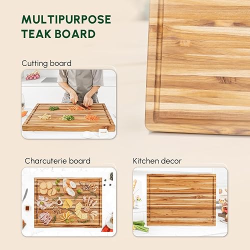 Miniatura 3 de BEEFURNI Tabla de cortar de madera de teca con agarre de mano con ranura para jugo, tablas de cortar de madera extra grandes para cocina, tabla de