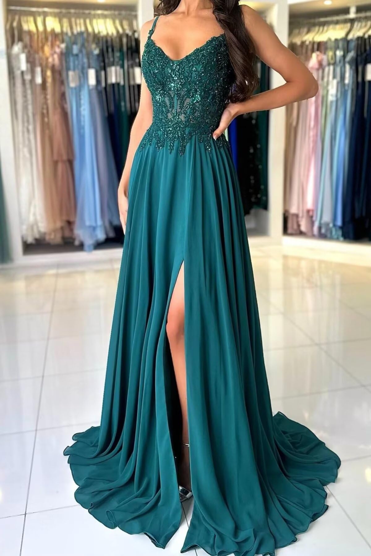 Damen Chiffon Ballkleider Lang V-Ausschnitt Spitzenapplikationen Brautjungfernkleid A-Linie Abendkleider mit Schlitz