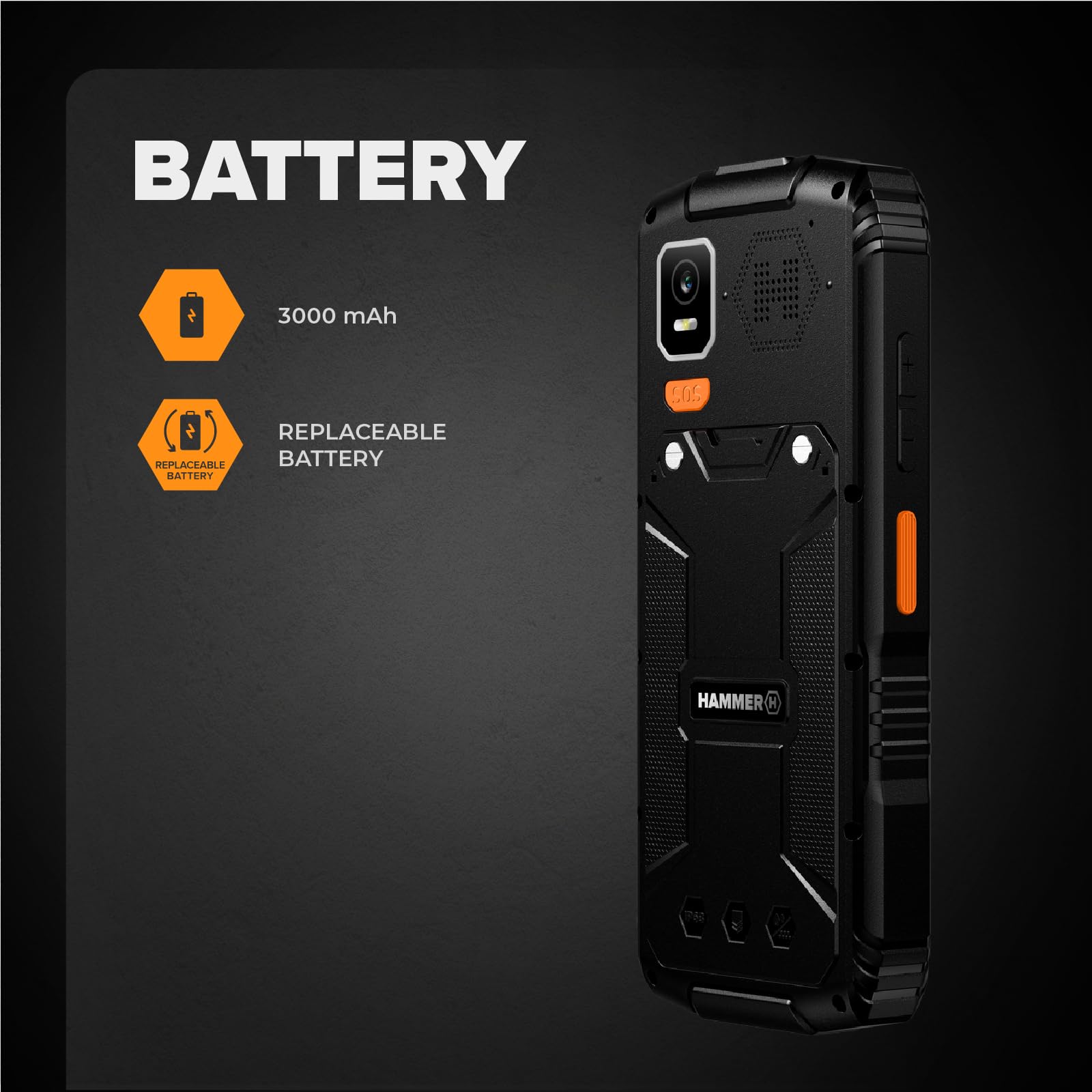 Hammer H Horizon LTE Telefono Rugged senza Contratto, Batteria 3000mAh, 64 GB, Display IPS 2,8", Tasti Grandi, Tasto SOS, Torcia, Fotocamera 2 MP, Radio FM, USB-C, Dual SIM, IP68/MIL-STD-810H, Nero