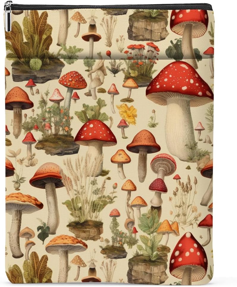 Retro Hippie Mushroom Book Lovers Gifts Book Sleeve, Book Accessories Bookish Gifts Book Gifts for Mom Appreciation Christmas Birthday, Book Pouch Book Protector with Zipper and Front Pocket