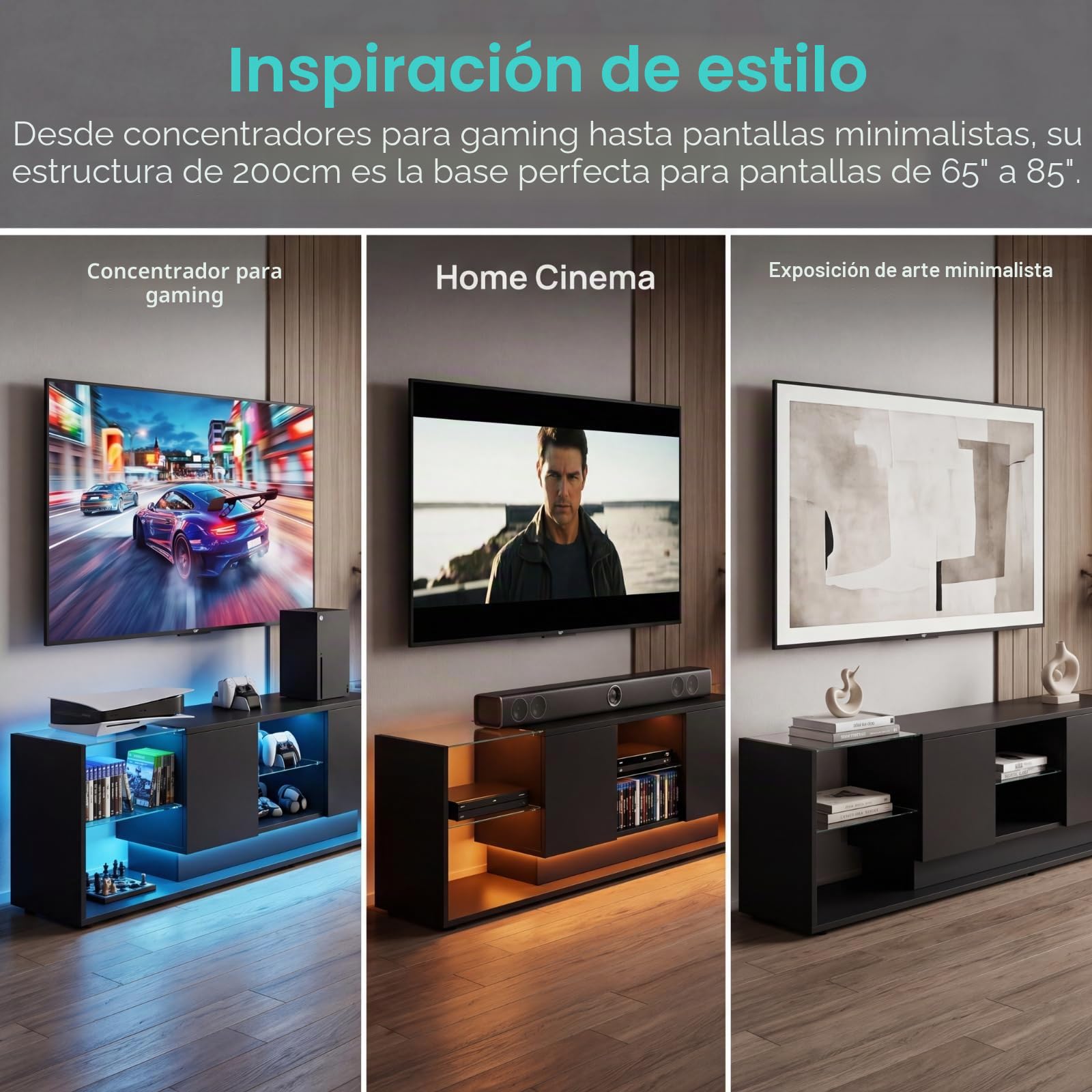 Mueble de TV con luces LED para televisores de hasta 85 pulgadas, moderno y brillante, con espacio de almacenamiento y estantes de cristal abiertos, para salón, dormitorio, color negro