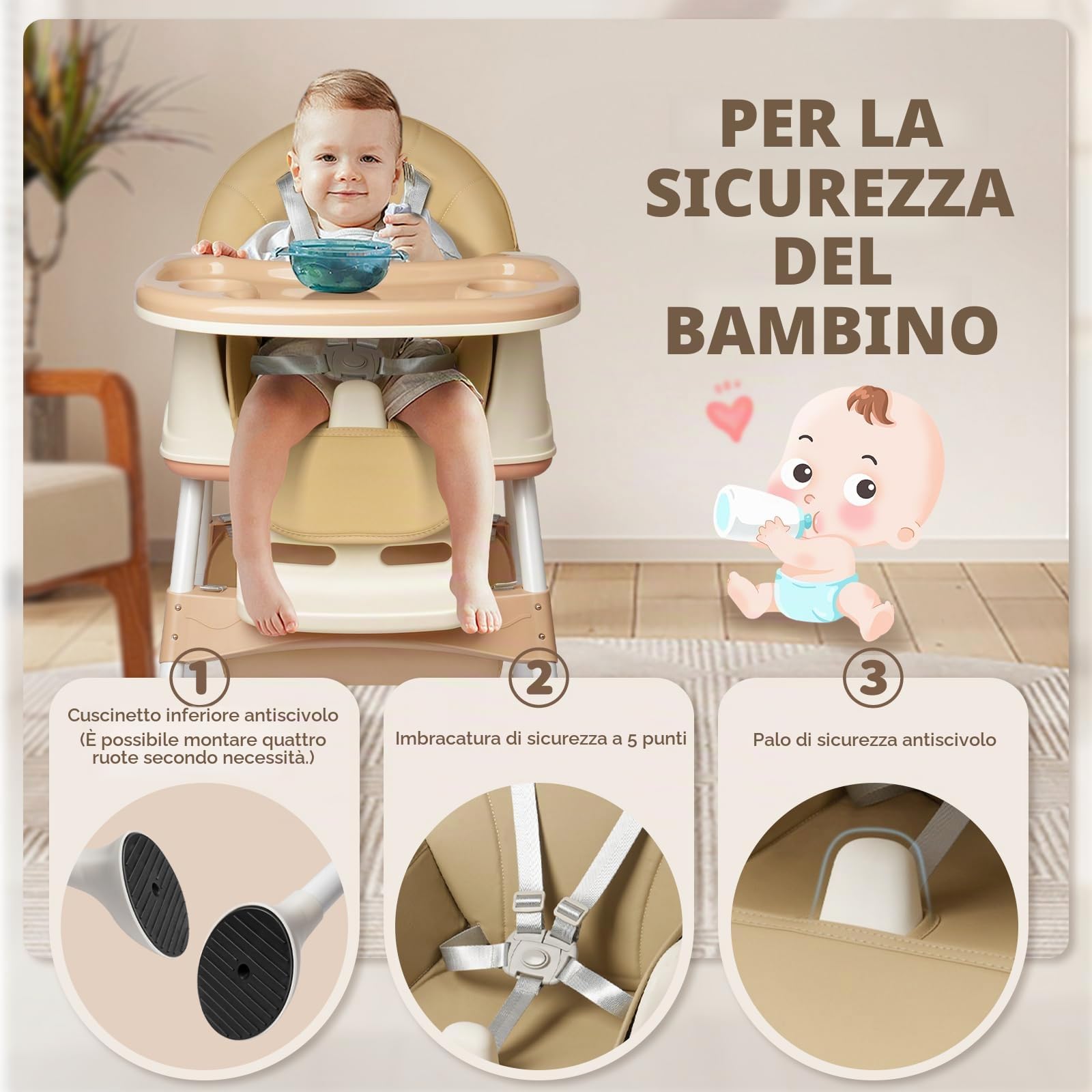 Seggiolone pieghevole 4in1, Reclinabile e regolabile in altezza, con vassoio estraibile e rotelle, Seggiolone regolabile con cintura a 5 punti, Beige