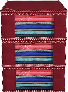 Kuber Industries Clothes Organizer For Wardrobe (Pack of 3) - Storage Organizer For Saree Shirts Salwar Suit Lehenga - Dress Organizer For Wardrobe - Saree Covers With Zip (Maroon)